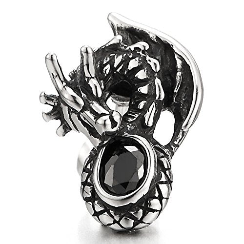 Mens Flying Dragon Stud Earrings Black Cubic Zirconia, Stainless Steel, 2 Pcs - coolsteelandbeyond