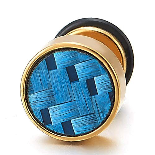 Mens Gold Stud Earrings with Blue Carbon Fiber, Steel Cheater Fake Ear Plugs Gauges Illusion Tunnel - COOLSTEELANDBEYOND Jewelry