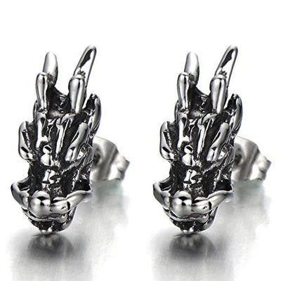 Mens Punk Dragon Head Stud Earrings in Stainless Steel with White Cubic Zirconia, 2 Pcs - coolsteelandbeyond