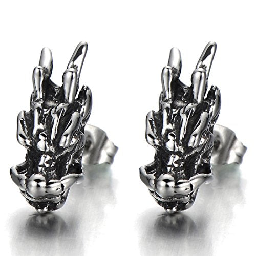 Mens Punk Dragon Head Stud Earrings in Stainless Steel with White Cubic Zirconia, 2 Pcs - coolsteelandbeyond