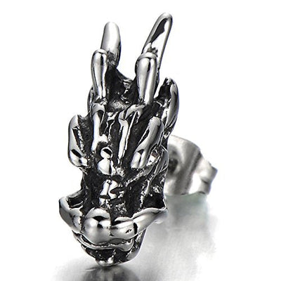 Mens Punk Dragon Head Stud Earrings in Stainless Steel with White Cubic Zirconia, 2 Pcs - coolsteelandbeyond