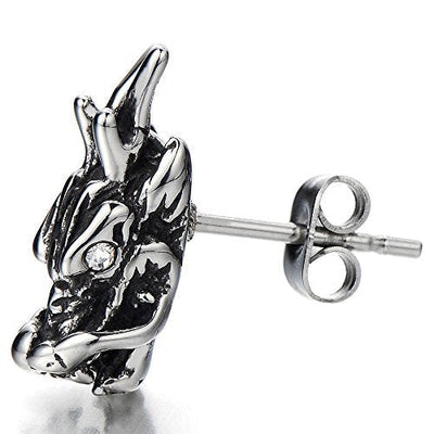 Mens Punk Dragon Head Stud Earrings in Stainless Steel with White Cubic Zirconia, 2 Pcs - coolsteelandbeyond