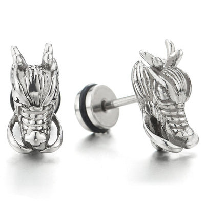 Mens Punk Rock Black Dragon Head Stud Earrings in Stainless Steel, Screw Back, 2 pcs - coolsteelandbeyond