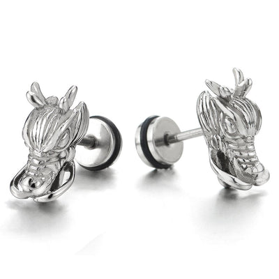 Mens Punk Rock Black Dragon Head Stud Earrings in Stainless Steel, Screw Back, 2 pcs - coolsteelandbeyond