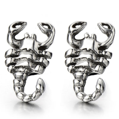 Mens Scorpion King Stud Earrings in Stainless Steel Gothic Biker Punk Rock, Screw Back, 2 Pcs - coolsteelandbeyond