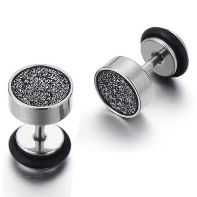 Mens Screw Stud Earrings Stainless Steel Cheater Fake Ear Plugs with Black Sand Glitter, 2pcs - coolsteelandbeyond