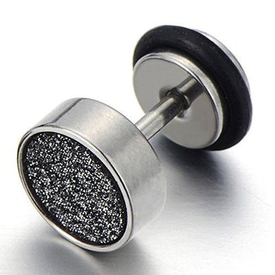 Mens Screw Stud Earrings Stainless Steel Cheater Fake Ear Plugs with Black Sand Glitter, 2pcs - coolsteelandbeyond