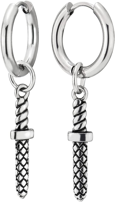 Mens Stainless Steel Circle Huggie Hinged Hoop Earrings with Sword - COOLSTEELANDBEYOND Jewelry