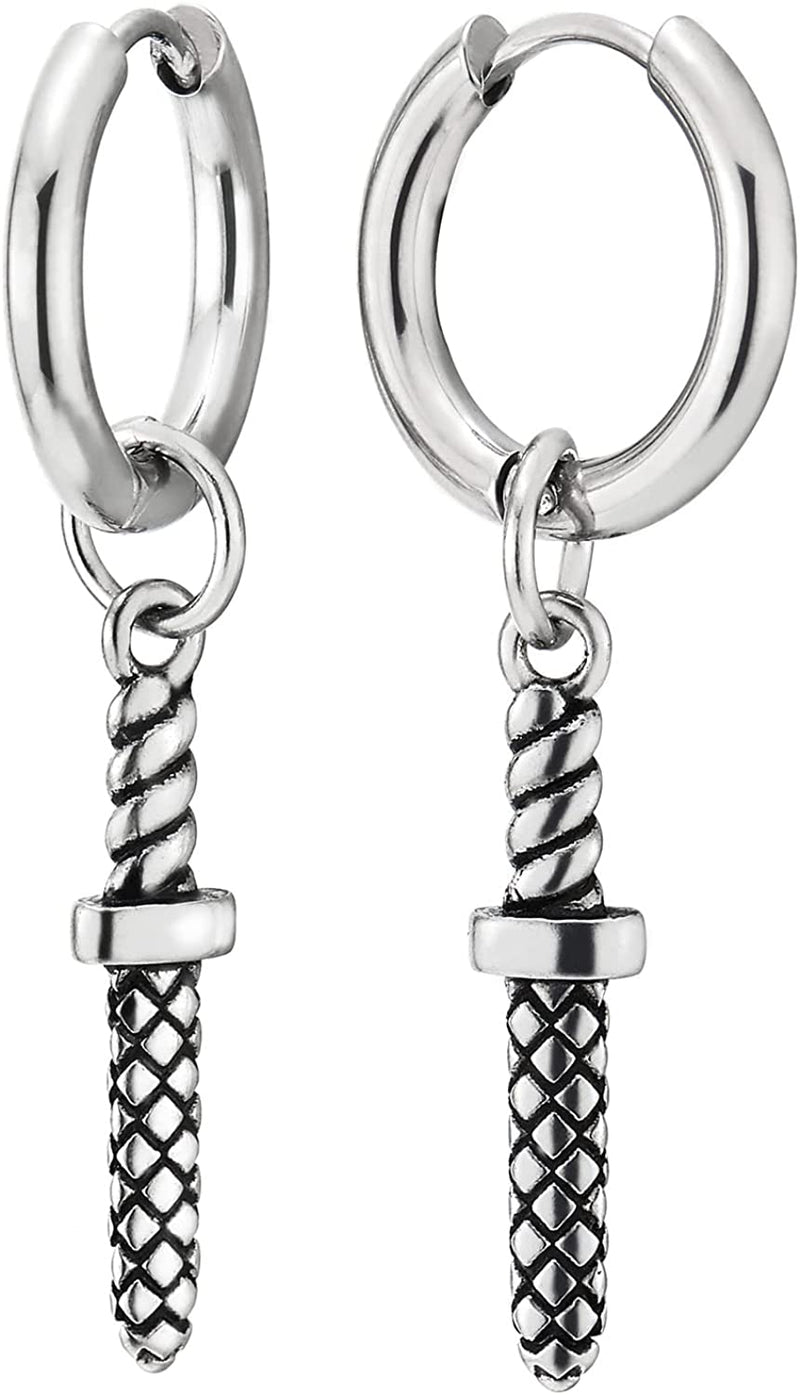 Mens Stainless Steel Circle Huggie Hinged Hoop Earrings with Sword - COOLSTEELANDBEYOND Jewelry