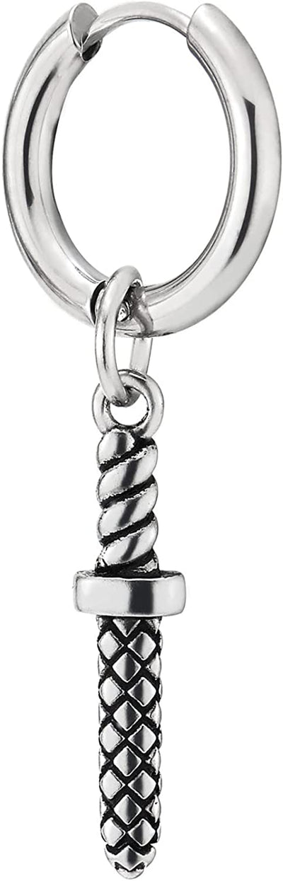 Mens Stainless Steel Circle Huggie Hinged Hoop Earrings with Sword - COOLSTEELANDBEYOND Jewelry