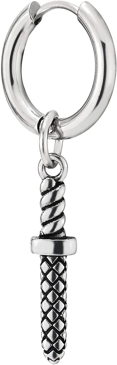 Mens Stainless Steel Circle Huggie Hinged Hoop Earrings with Sword - COOLSTEELANDBEYOND Jewelry