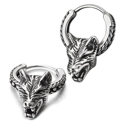 Mens Stainless Steel Circle Wheat Chain Huggie Hinged Hoop Earrings with Wolf Head 2 pcs - COOLSTEELANDBEYOND Jewelry
