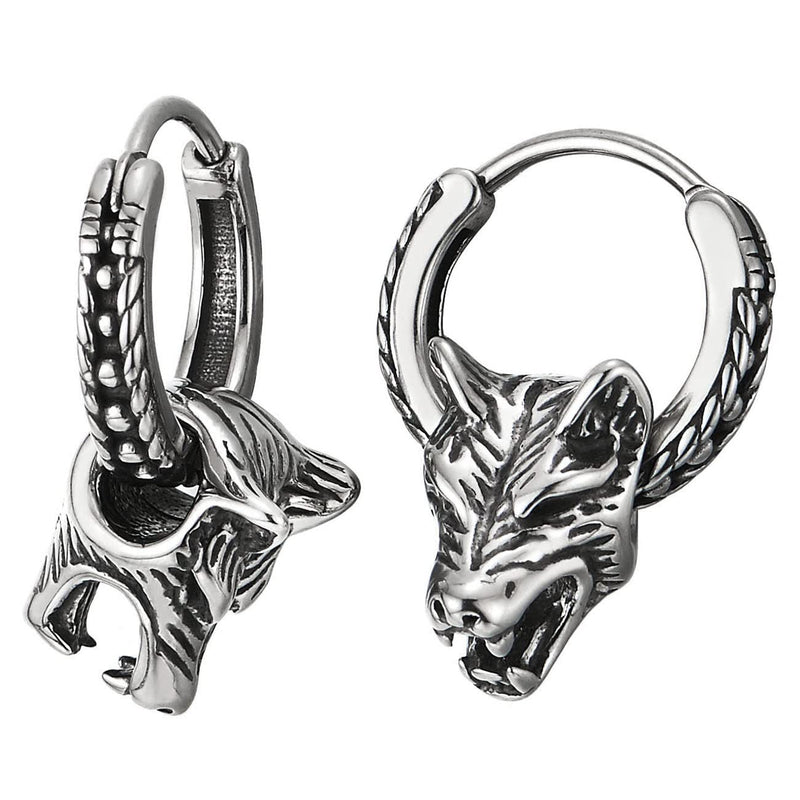 Mens Stainless Steel Circle Wheat Chain Huggie Hinged Hoop Earrings with Wolf Head 2 pcs - COOLSTEELANDBEYOND Jewelry