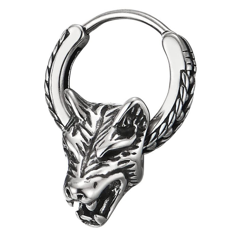 Mens Stainless Steel Circle Wheat Chain Huggie Hinged Hoop Earrings with Wolf Head 2 pcs - COOLSTEELANDBEYOND Jewelry