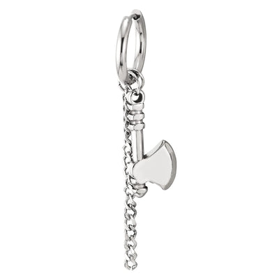 Mens Stainless Steel Huggie Hinged Hoop Earrings with Ax and Dangling Rope Chain 2 pcs - COOLSTEELANDBEYOND Jewelry