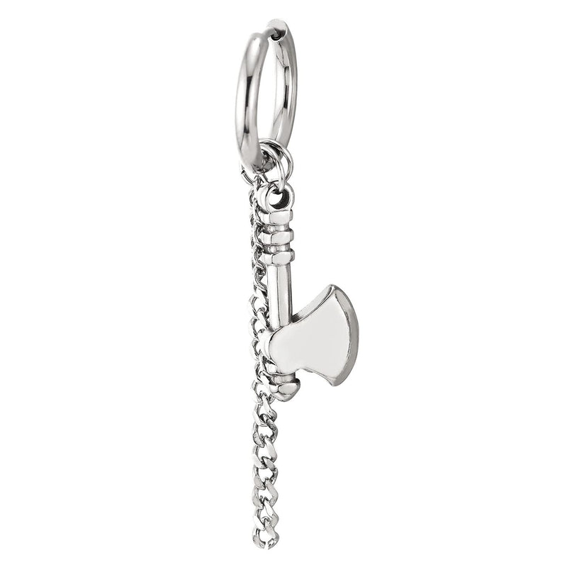 Mens Stainless Steel Huggie Hinged Hoop Earrings with Ax and Dangling Rope Chain 2 pcs - COOLSTEELANDBEYOND Jewelry