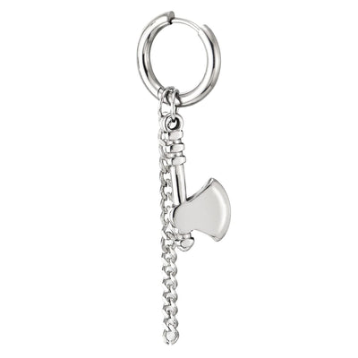 Mens Stainless Steel Huggie Hinged Hoop Earrings with Ax and Dangling Rope Chain 2 pcs - COOLSTEELANDBEYOND Jewelry