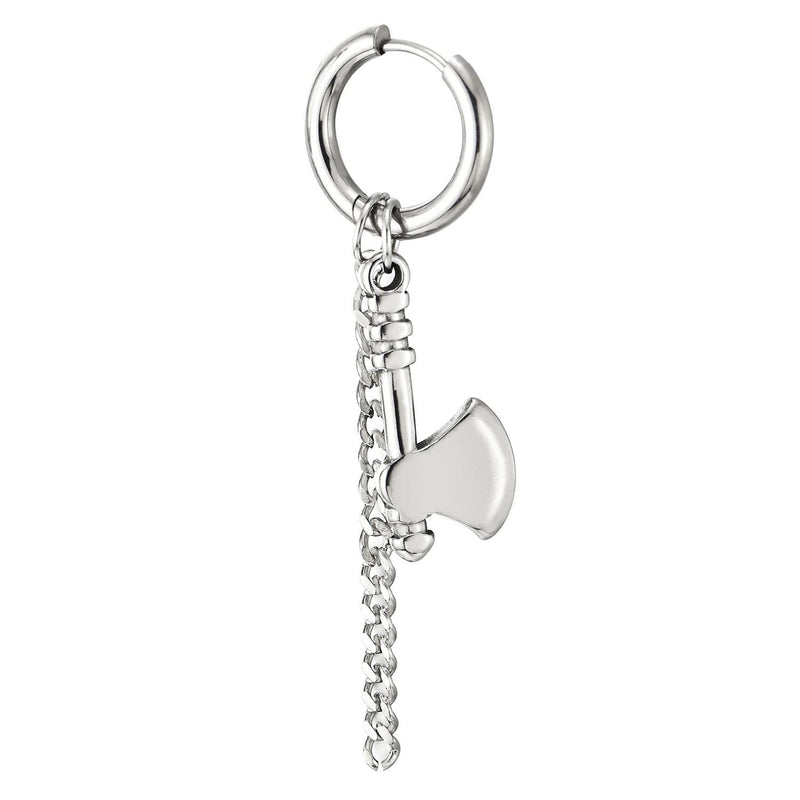 Mens Stainless Steel Huggie Hinged Hoop Earrings with Ax and Dangling Rope Chain 2 pcs - COOLSTEELANDBEYOND Jewelry