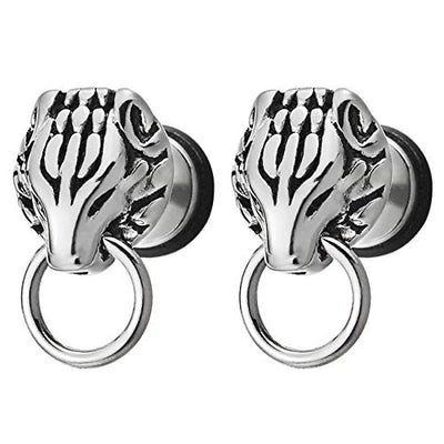 Mens Stainless Steel Vintage Tiger Head Stud Earrings with Open Circle, Screw Back, 2 pcs - coolsteelandbeyond