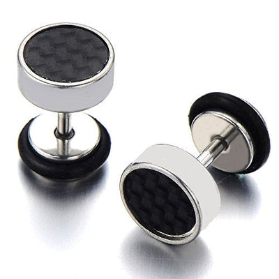 Mens Stud Earrings Stainless Steel Illusion Tunnel Plug Screw Back with Carbon Fiber, 2pcs - coolsteelandbeyond