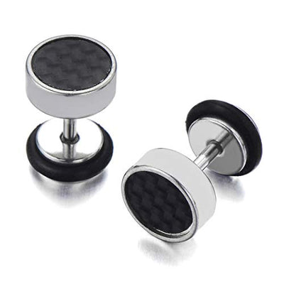 Mens Stud Earrings Stainless Steel Illusion Tunnel Plug Screw Back with Carbon Fiber, 2pcs - coolsteelandbeyond