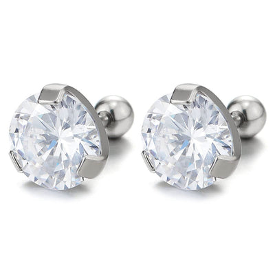 Mens Women 9mm Solitaire Cubic Zirconia Stainless Steel Stud Earrings Screw Back 2 pcs - COOLSTEELANDBEYOND Jewelry