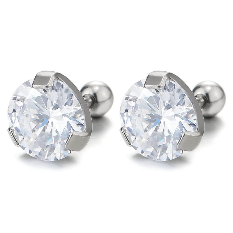 Mens Women 9mm Solitaire Cubic Zirconia Stainless Steel Stud Earrings Screw Back 2 pcs - COOLSTEELANDBEYOND Jewelry