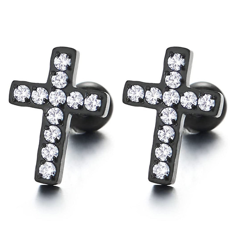 Mens Women Black Stainless Steel Cross Stud Earrings with Cubic Zirconia Screw Back 2 pcs - COOLSTEELANDBEYOND Jewelry