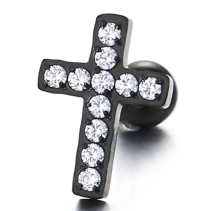 Mens Women Black Stainless Steel Cross Stud Earrings with Cubic Zirconia Screw Back 2 pcs - COOLSTEELANDBEYOND Jewelry