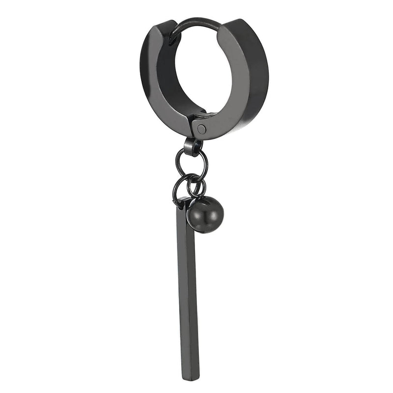 Mens Women Black Stainless Steel Huggie Hinged Hoop Earrings with Stick Bar and Beads 2 pcs - COOLSTEELANDBEYOND Jewelry