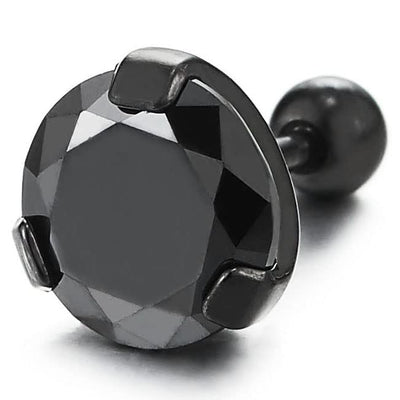 Mens Women Black Stainless Steel Stud Earrings with Black Solitaire Cubic Zirconia Screw Back 2 pcs - COOLSTEELANDBEYOND Jewelry