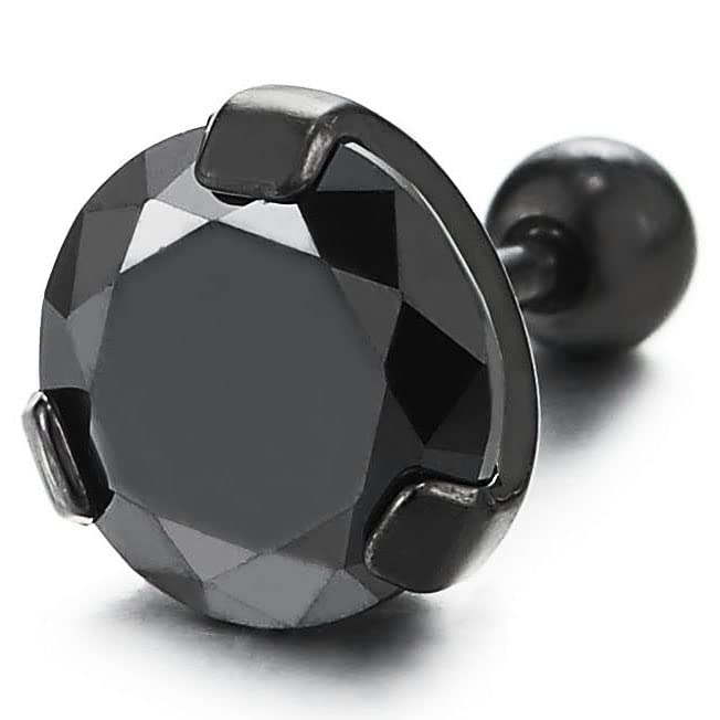 Mens Women Black Stainless Steel Stud Earrings with Black Solitaire Cubic Zirconia Screw Back 2 pcs - COOLSTEELANDBEYOND Jewelry