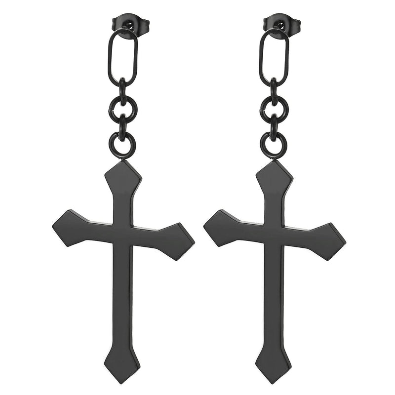 Mens Women Black Stainless Steel Stud Earrings with Dangling Cross 2 pcs - COOLSTEELANDBEYOND Jewelry