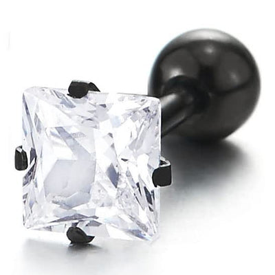 Mens Women Black Stainless Steel Stud Earrings with Square Cubic Zirconia Screw Back 2 pcs - COOLSTEELANDBEYOND Jewelry