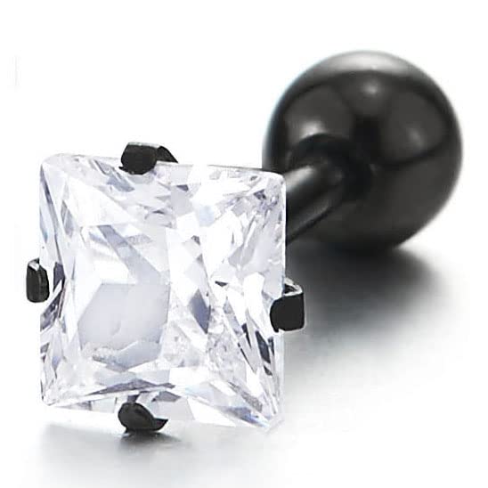 Mens Women Black Stainless Steel Stud Earrings with Square Cubic Zirconia Screw Back 2 pcs - COOLSTEELANDBEYOND Jewelry