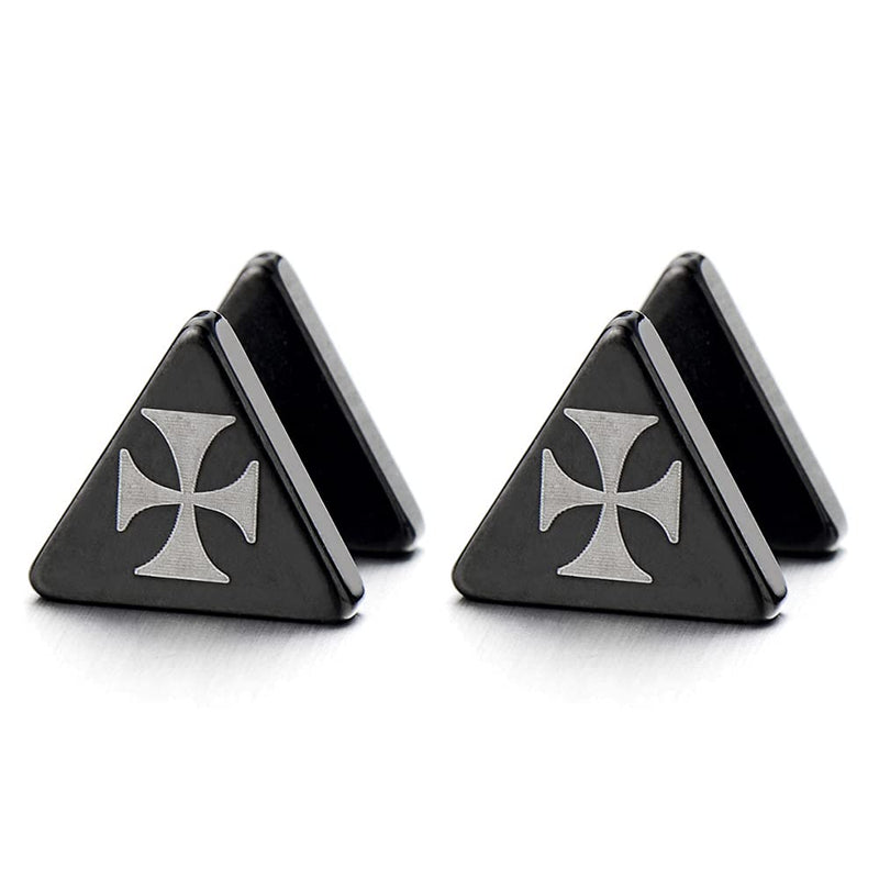 Mens Women Black Triangle Stud Earrings Stainless Steel Cheater Fake Ear Plugs Gauges with Cross, 2pcs - COOLSTEELANDBEYOND Jewelry