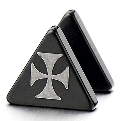 Mens Women Black Triangle Stud Earrings Stainless Steel Cheater Fake Ear Plugs Gauges with Cross, 2pcs - COOLSTEELANDBEYOND Jewelry