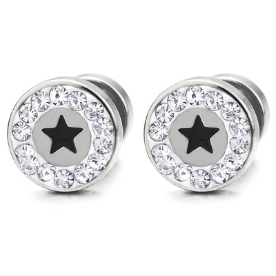 Mens Women Circle Stud Earrings with Cubic Zirconia and Black Star Pentagram, Steel, Screw Back - COOLSTEELANDBEYOND Jewelry