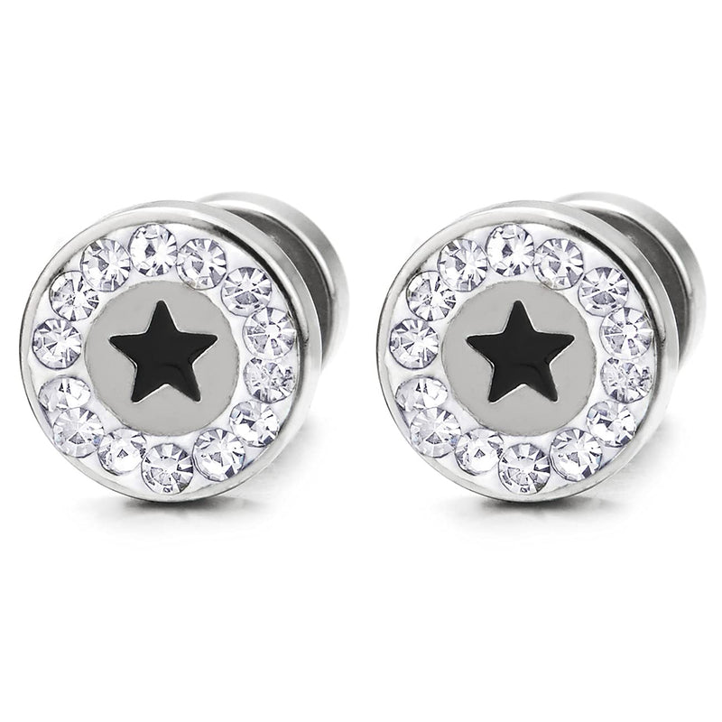 Mens Women Circle Stud Earrings with Cubic Zirconia and Black Star Pentagram, Steel, Screw Back - COOLSTEELANDBEYOND Jewelry