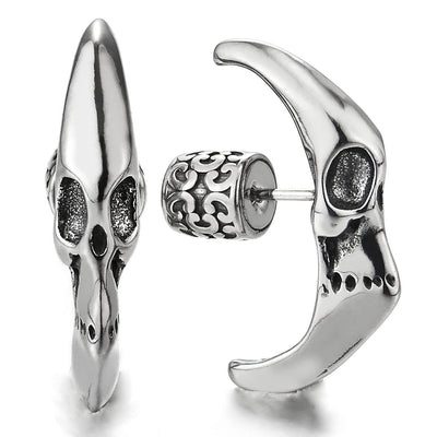 Mens Women Half Hoop Skull Crescent Moon Stud Earrings, Stainless Steel, Gothic, 2pcs - COOLSTEELANDBEYOND Jewelry
