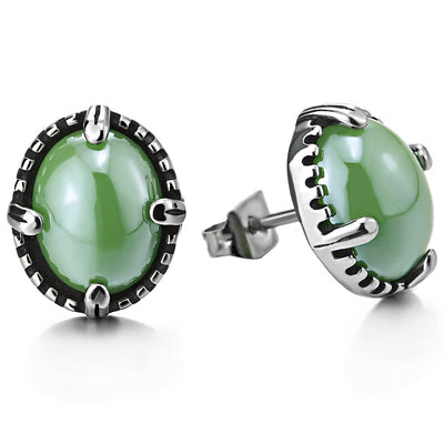 Mens Women Oval Dome Mint Green Gem Stone Stud Earrings Stainless Steel, 2pcs - COOLSTEELANDBEYOND Jewelry