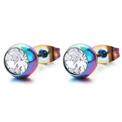 Mens Women Rainbow Oxidized Stainless Steel Round Stud Earrings with White Cubic Zirconia 2 pcs - COOLSTEELANDBEYOND Jewelry