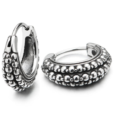 Mens Women Retro Style Stainless Steel Grooved Dotted Huggie Hinged Hoop Earrings 2 pcs - COOLSTEELANDBEYOND Jewelry