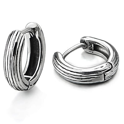 Mens Women Retro Style Stainless Steel Grooved Huggie Hinged Hoop Earrings 2 pcs - COOLSTEELANDBEYOND Jewelry