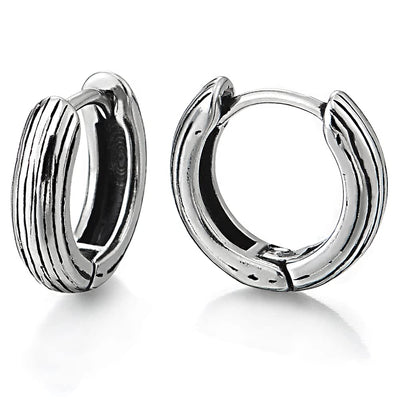 Mens Women Retro Style Stainless Steel Grooved Huggie Hinged Hoop Earrings 2 pcs - COOLSTEELANDBEYOND Jewelry