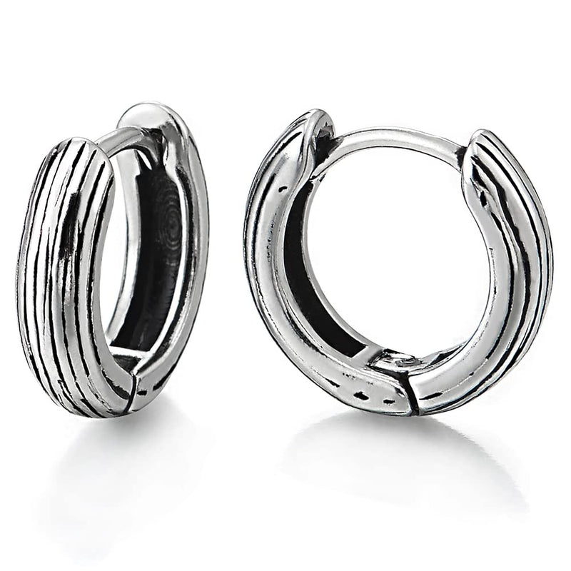 Mens Women Retro Style Stainless Steel Grooved Huggie Hinged Hoop Earrings 2 pcs - COOLSTEELANDBEYOND Jewelry