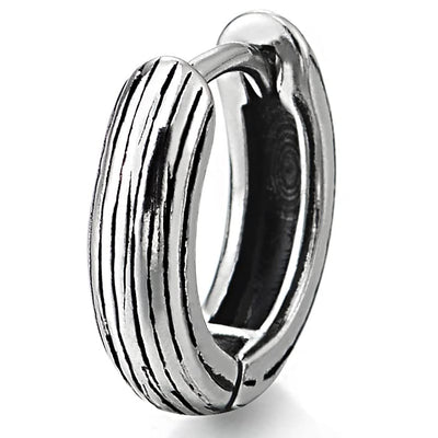 Mens Women Retro Style Stainless Steel Grooved Huggie Hinged Hoop Earrings 2 pcs - COOLSTEELANDBEYOND Jewelry
