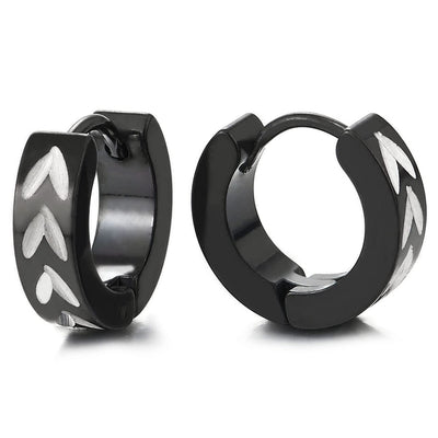 Mens Women Silver Black Steel Circle Huggie Hinged Hoop Earrings with Leaf Laser Pattern 2 pcs - COOLSTEELANDBEYOND Jewelry