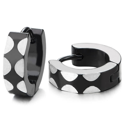 Mens Women Silver Black Steel Circle Huggie Hinged Hoop Earrings with Semicircle Laser Pattern 2 pcs - COOLSTEELANDBEYOND Jewelry