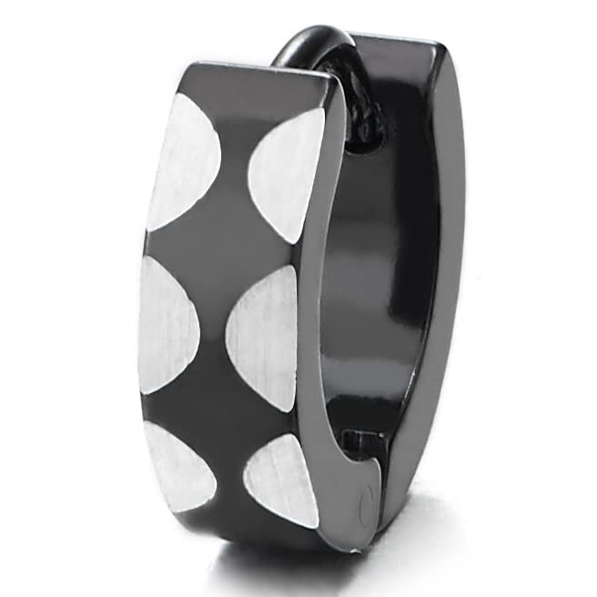 Mens Women Silver Black Steel Circle Huggie Hinged Hoop Earrings with Semicircle Laser Pattern 2 pcs - COOLSTEELANDBEYOND Jewelry